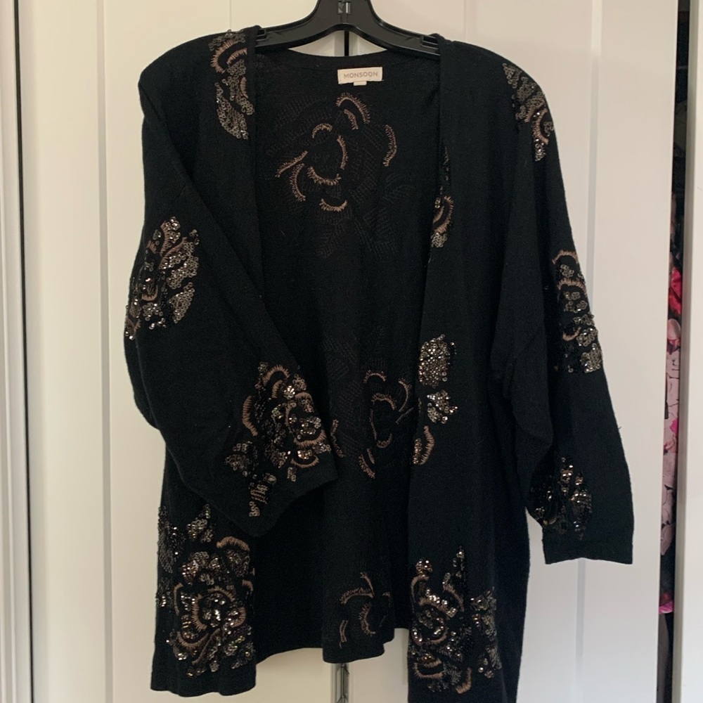 Monsoon Black Cardigan with Bronze Sequin Floral Embroidery